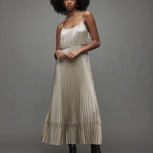 NWOT Allsaints Silvi Metalic Cream Champagne Plated Dress Size XS - Picture 1 of 17